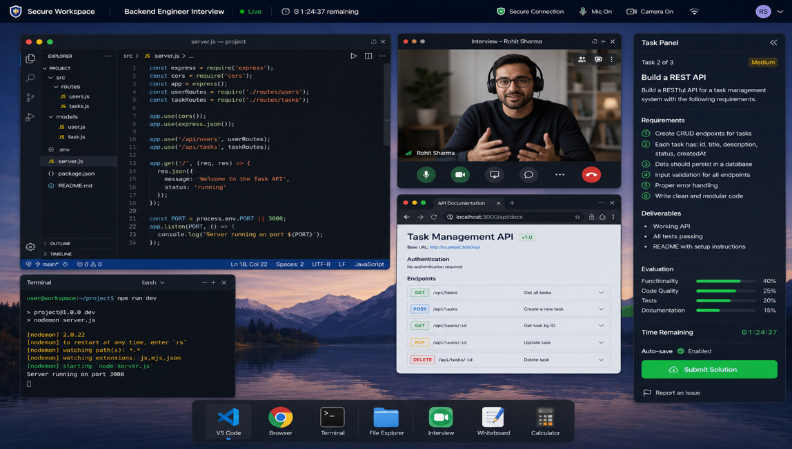 The Nomevex Assessment Environment: a locked-down workspace with the task brief, a code editor and the session's live evidence log.